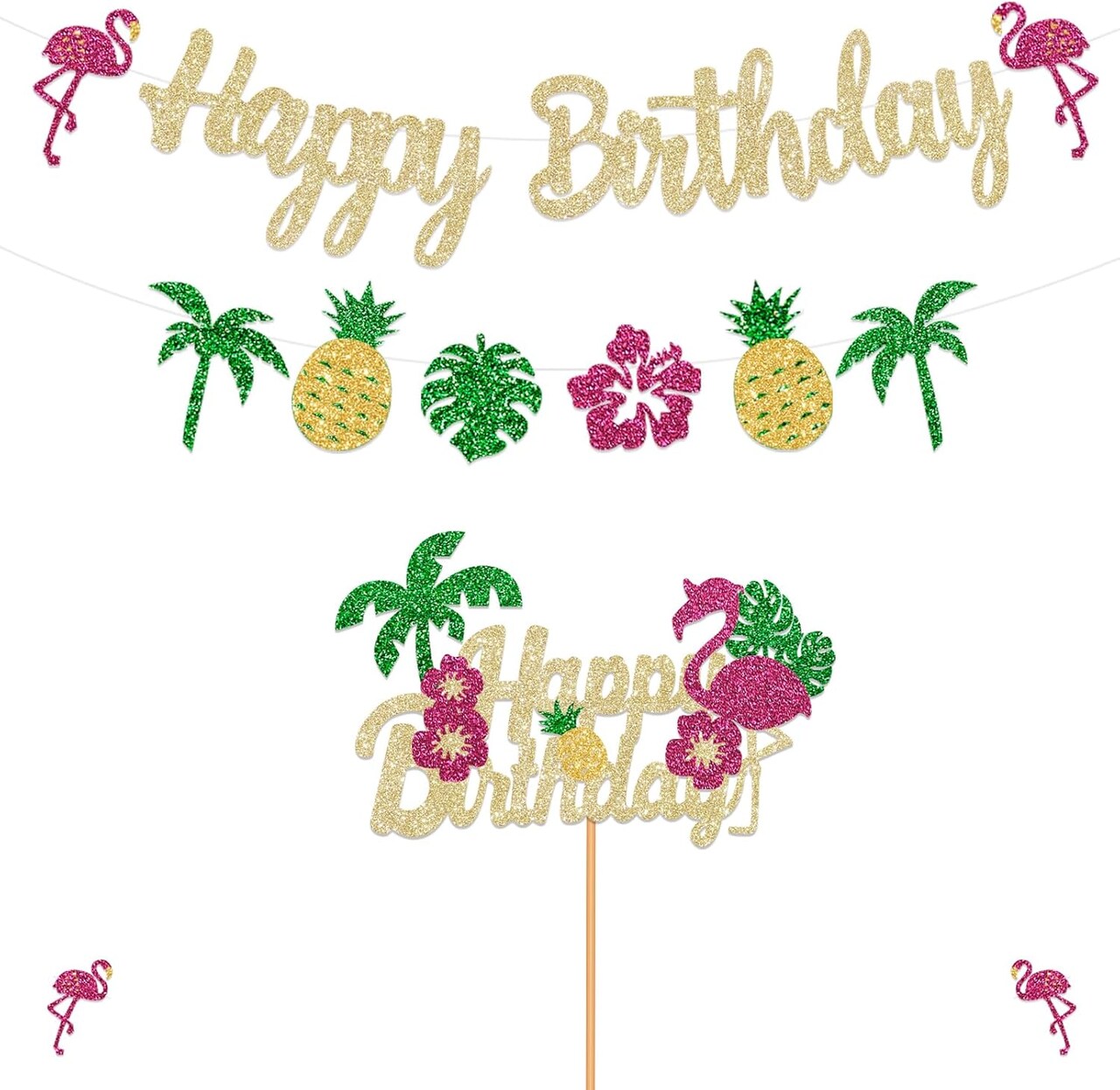 Glitter Tropical Happy Birthday Banner Luau Hawaiian Cake Toppers Flamingo Flower for Summer Birthday Party Decorations Theme